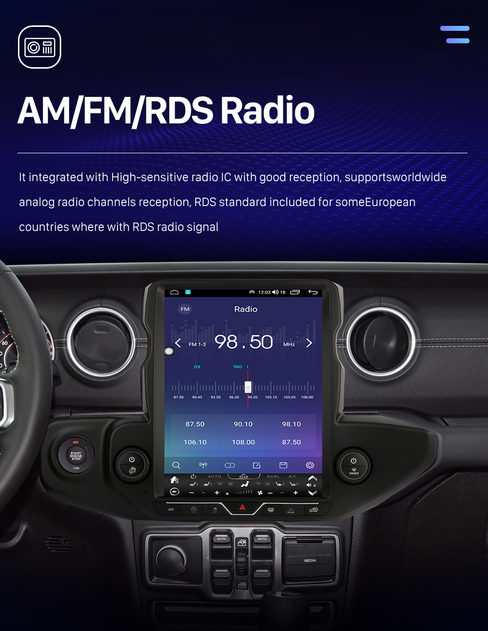 Seicane Carplay 13,6 pouces Android 10.0 Multimédia à écran tactile pour 2018-2021 JEEP WRANGLER Radio Android Auto avec système de navigation GPS Prise en charge Bluetooth Caméra de recul WIFI OBD2