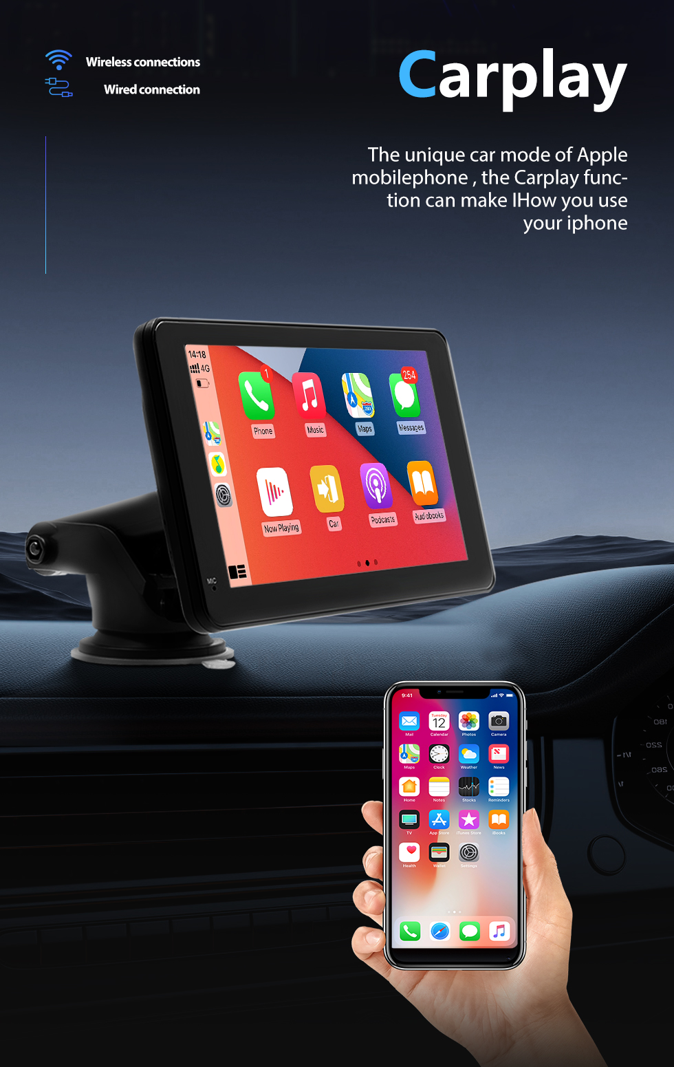 Seicane Monitor de toque automático sem fio Carplay Android de 7 polegadas Sistema de navegação GPS estéreo com suporte para Bluetooth Exibição de vídeo HD de câmera de ré