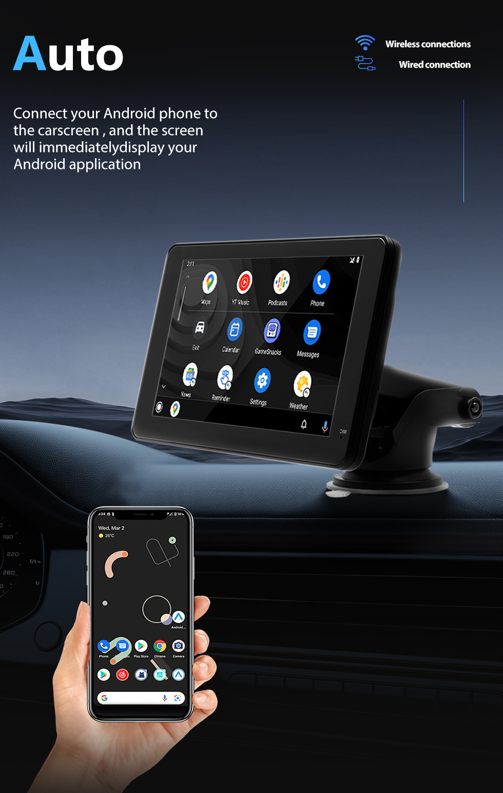 Seicane 7-Zoll-Wireless-Carplay-Android-Auto-Touch-Monitor Stereo-GPS-Navigationssystem mit Bluetooth-Unterstützung HD-Videoanzeige der Rückfahrkamera