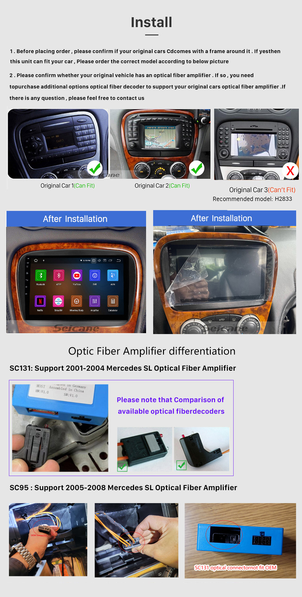Seicane Carplay Android Auto Touchscreen Radio для 2001-2004 Mercedes SL R230 SL350 SL500 SL55 SL600 SL65 Система GPS-навигации Bluetooth