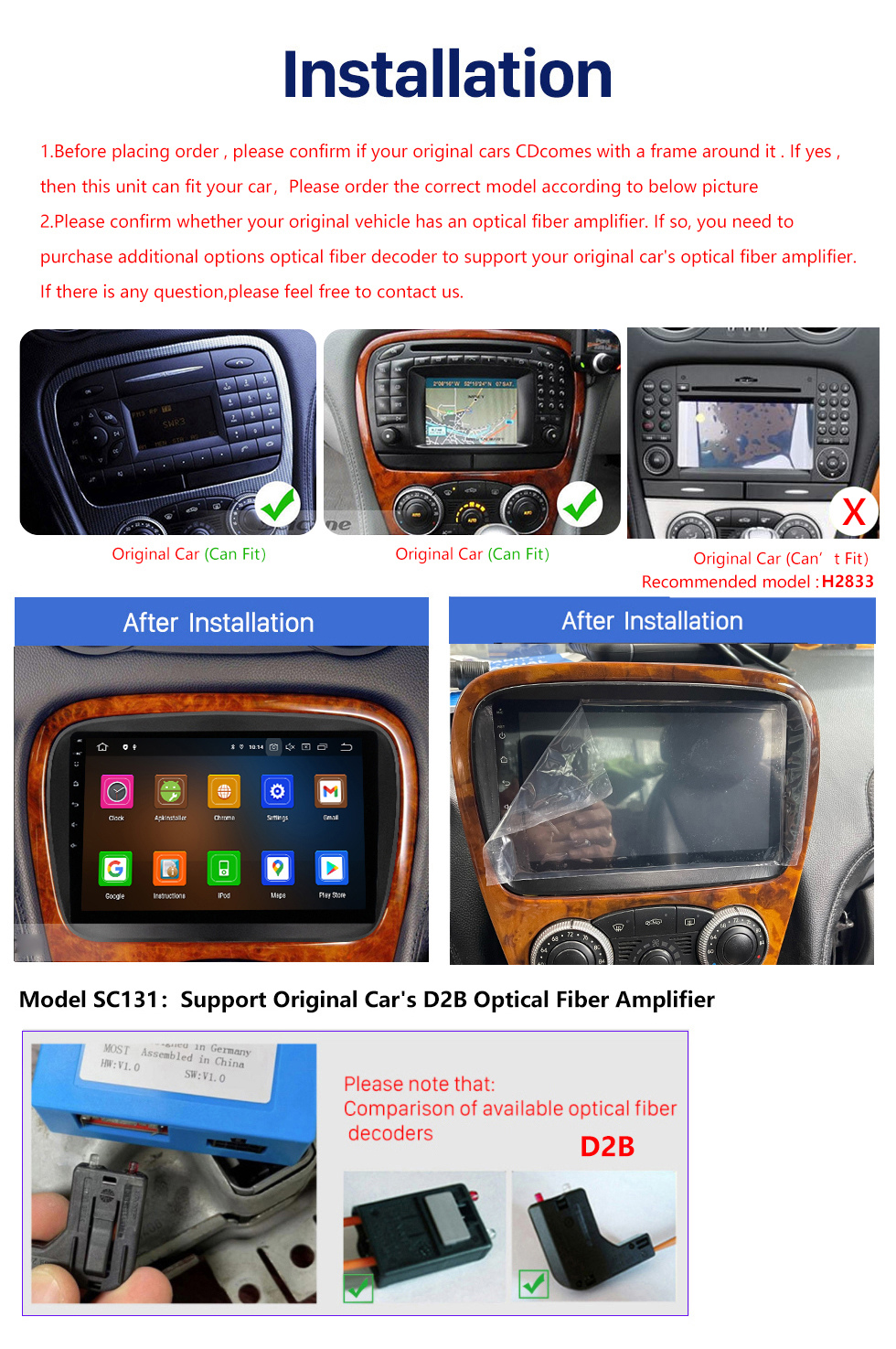 Seicane Carplay Android Auto Radio à écran tactile pour 2001-2004 Mercedes SL R230 SL350 SL500 SL55 SL600 SL65 Système de navigation GPS Bluetooth