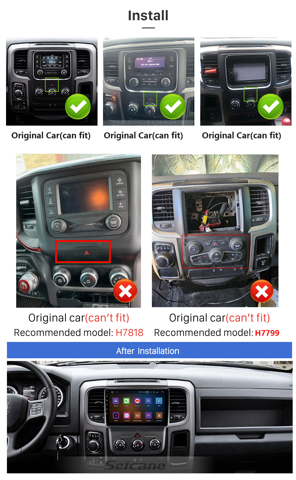 Seicane Android 13.0 de 9 polegadas para 2013-2019 DODGE RAM 1500 2500 3500 4500 5500 Rádio de navegação GPS com Bluetooth HD Suporte para tela sensível ao toque TPMS DVR Carplay câmera DAB+