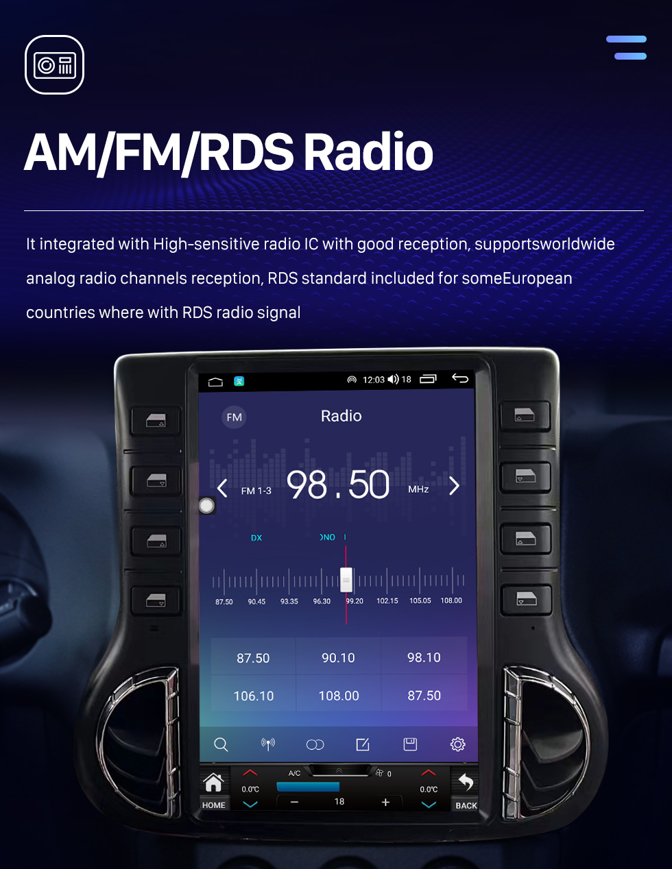 Seicane OEM 12.1 pulgadas Android 10.0 para 2011-2017 JEEP WRANGLER RUBICON Radio Sistema de navegación GPS con pantalla táctil HD Soporte Bluetooth Carplay OBD2 DVR TPMS