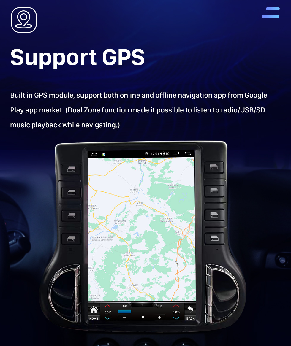 Seicane OEM 12.1 pulgadas Android 10.0 para 2011-2017 JEEP WRANGLER RUBICON Radio Sistema de navegación GPS con pantalla táctil HD Soporte Bluetooth Carplay OBD2 DVR TPMS