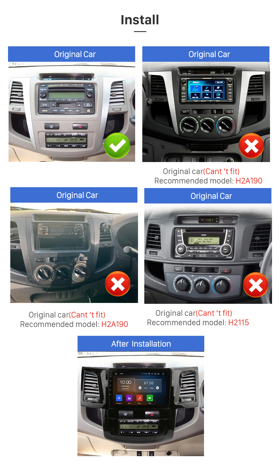 Seicane Carplay 9 pouces HD écran tactile Android 12.0 pour 2005-2012 2013 2014 TOYOTA FORTUNER/ VIGO/ HILUX GPS Navigation Android Auto Head Unit Support DAB+ OBDII WiFi Commande au volant