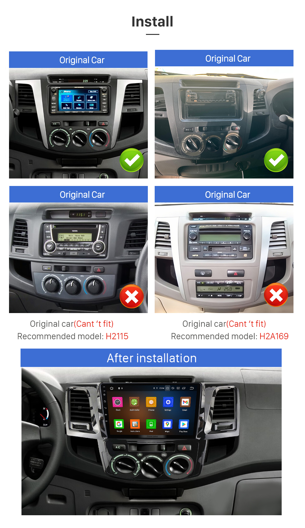 Seicane HD Pantalla táctil 9 pulgadas Android 13.0 Para 2005 TOYOTA FORTUNER VIGO HILUX MANUAL AC Radio Sistema de navegación GPS Bluetooth Carplay compatible Cámara de respaldo