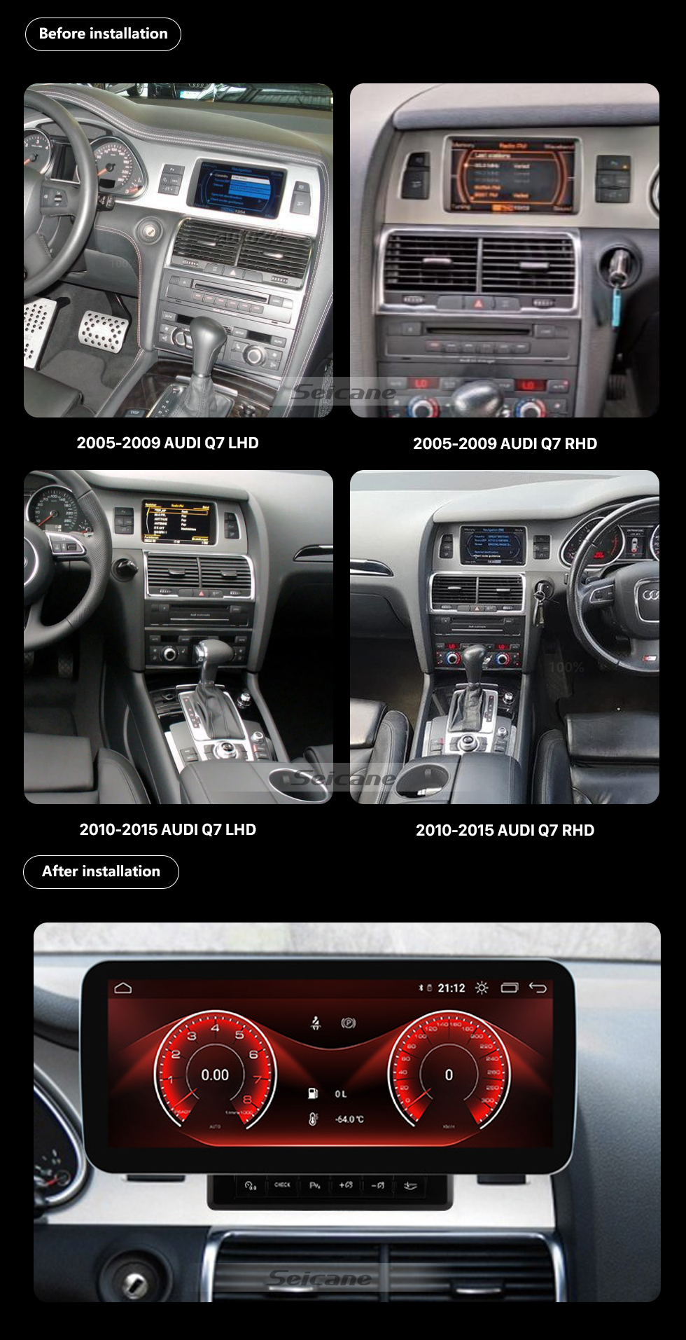 Seicane Android Auto HD Touchscreen de 12,3 polegadas Android 11.0 Carplay Rádio de navegação GPS para 2005 2006 2007 2008-2015 AUDI Q7 com Bluetooth AUX suporte DVR Controle de volante