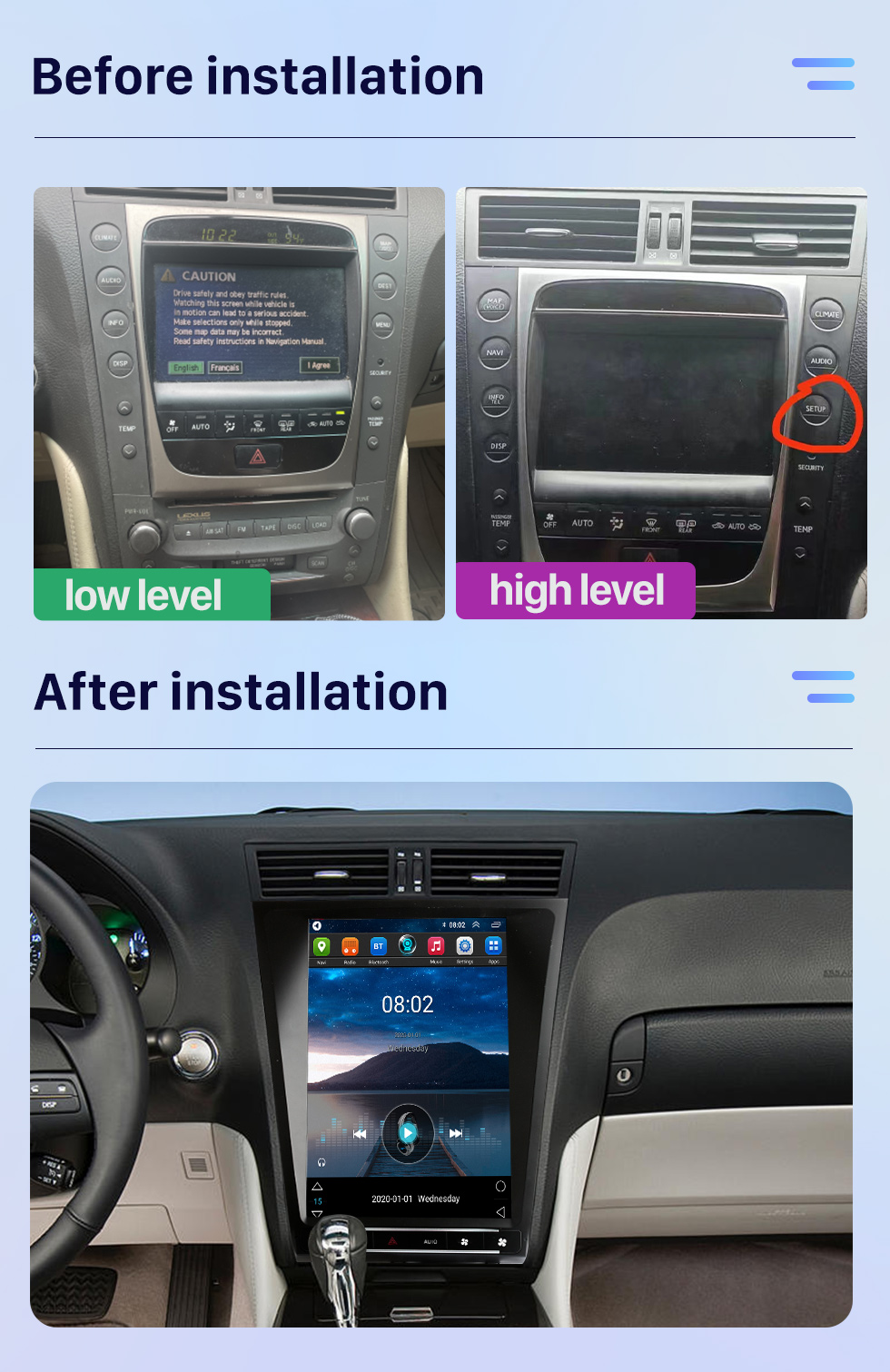 Seicane Carplay OEM 12,1 polegadas Android 10.0 para 2005 2006 2007-2010 LEXUS GS300 Radio Android Auto GPS Navigation System Com HD Touchscreen Bluetooth suporte OBD2 DVR