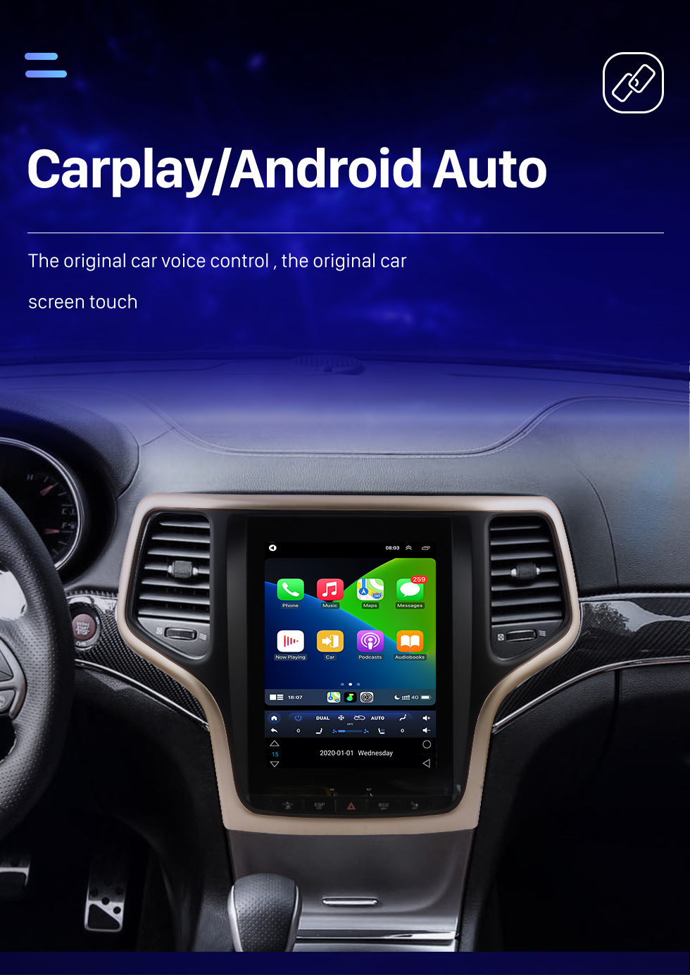 Seicane Carplay OEM 10.4 pulgadas Android 10.0 para 2014 2015-2017 Jeep SRT Radio Android Auto Sistema de navegación GPS con pantalla táctil HD Soporte Bluetooth OBD2 DVR