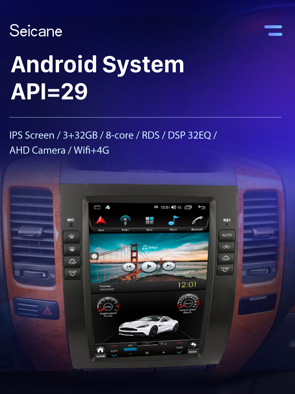 Seicane 10,4 pouces Android 10.0 Radio de navigation GPS pour 2002 2003 2004-2009 TOYOTA PRADO GX470 avec écran tactile HD Prise en charge Bluetooth Carplay DVR TPMS