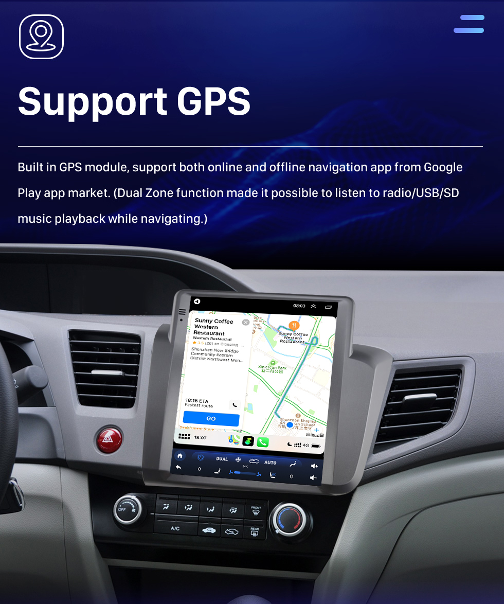 Seicane Radio de navigation GPS à écran tactile HD Android 10.0 de 9,7 pouces pour 2012 HONDA CIVIC LHD avec prise en charge Bluetooth Carplay Caméra TPMS AHD