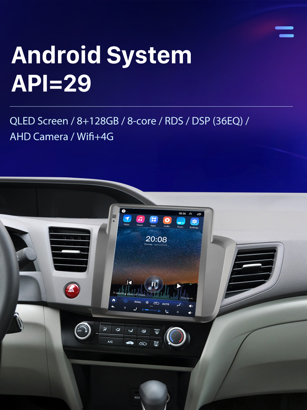 Seicane Rádio de navegação GPS com tela sensível ao toque HD Android 10.0 de 9,7 polegadas para 2012 HONDA CIVIC LHD com suporte para Bluetooth Carplay Câmera TPMS AHD