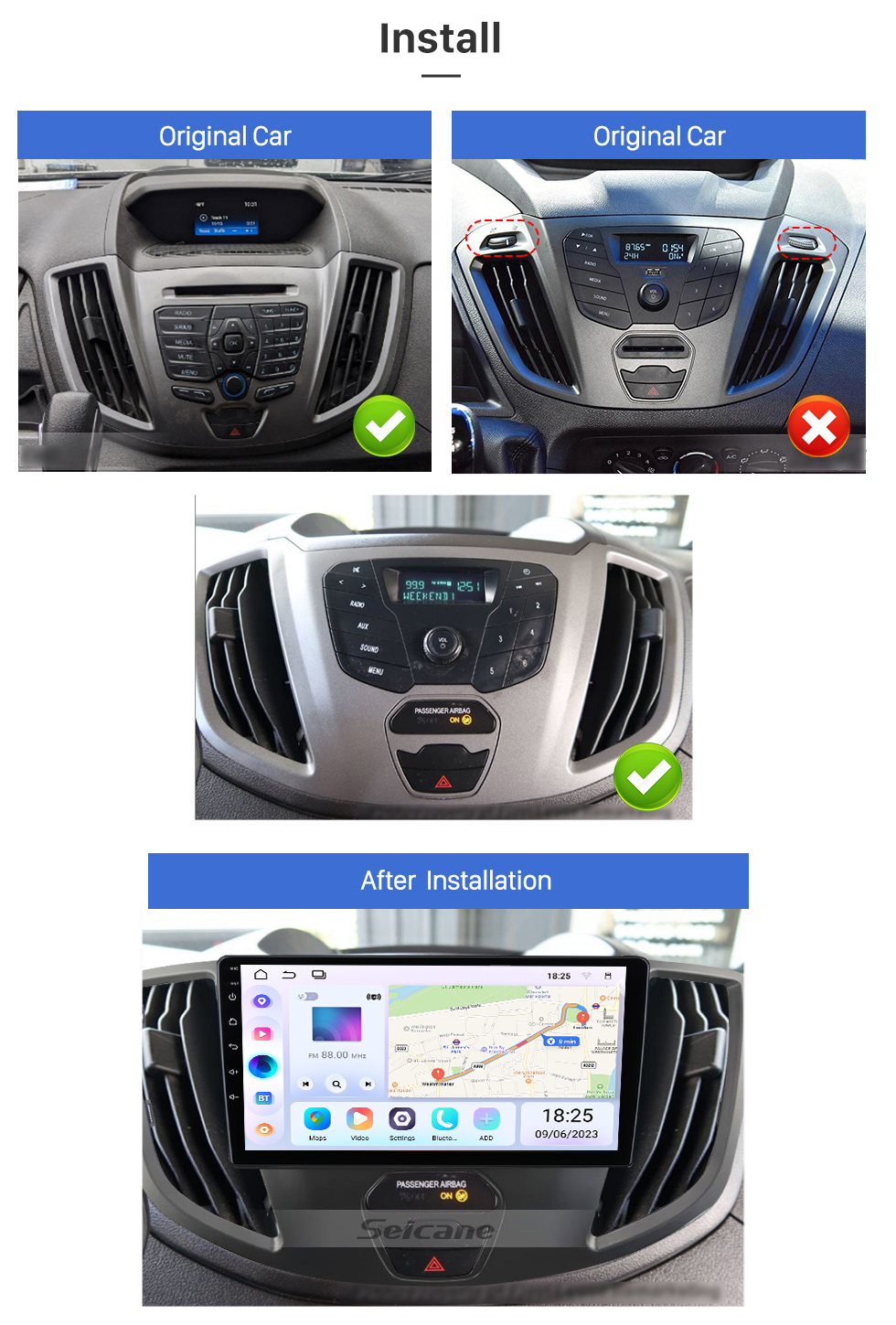 Seicane 9 Zoll Android 13.0 für 2015 2016 2017–2022 Ford TRANSIT Stereo-GPS-Navigationssystem mit Bluetooth-Touchscreen-Unterstützung Rückfahrkamera