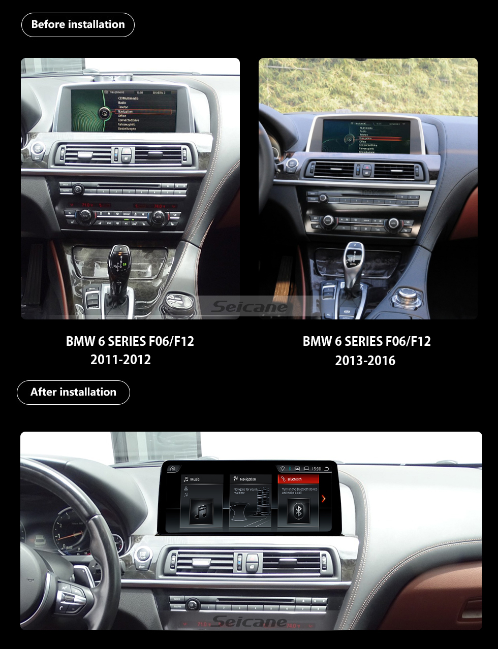 Seicane Carplay Android 11.0 12,3 pouces pour 2011 2012 2013-2016 BMW Série 6 F06 F12 640i 650i Radio HD Système de navigation GPS à écran tactile avec Bluetooth