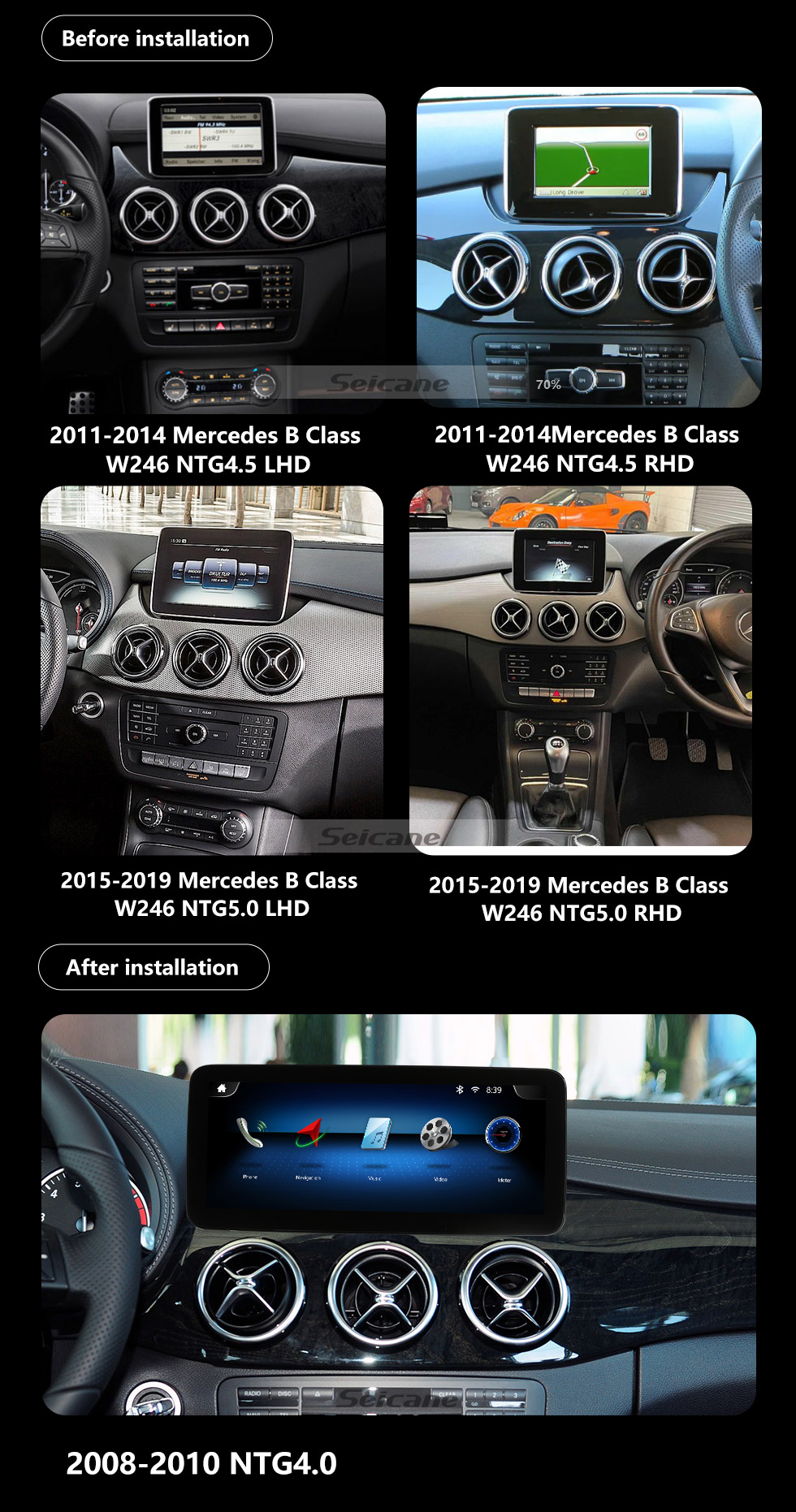 Seicane Carplay Android 11.0 HD Touchscreen de 12,3 polegadas para 2013-2015 2016 2017 2018 Mercedes Classe B W246 B180 B200 B220 B250 B260 Sistema de navegação GPS por rádio com Bluetooth