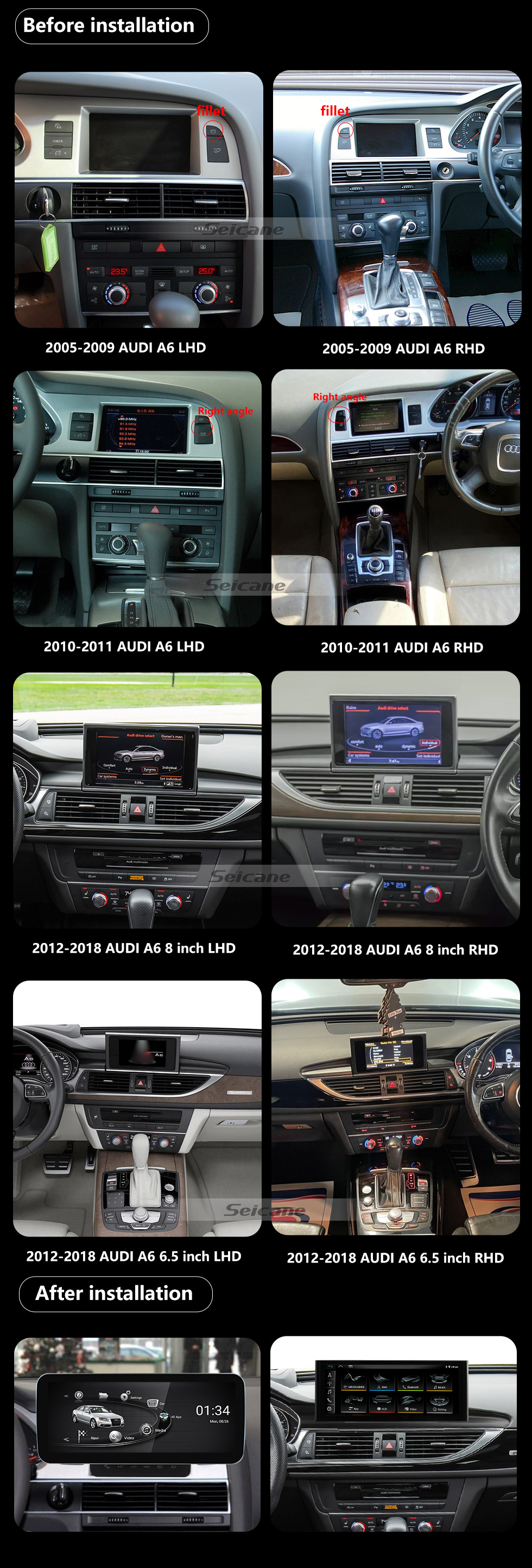 Seicane 12,3 pouces Android 11.0 pour 2005-2017 2018 2019 Audi A6 A7 autoradio Bluetooth HD Écran tactile Carplay Système de navigation GPS
