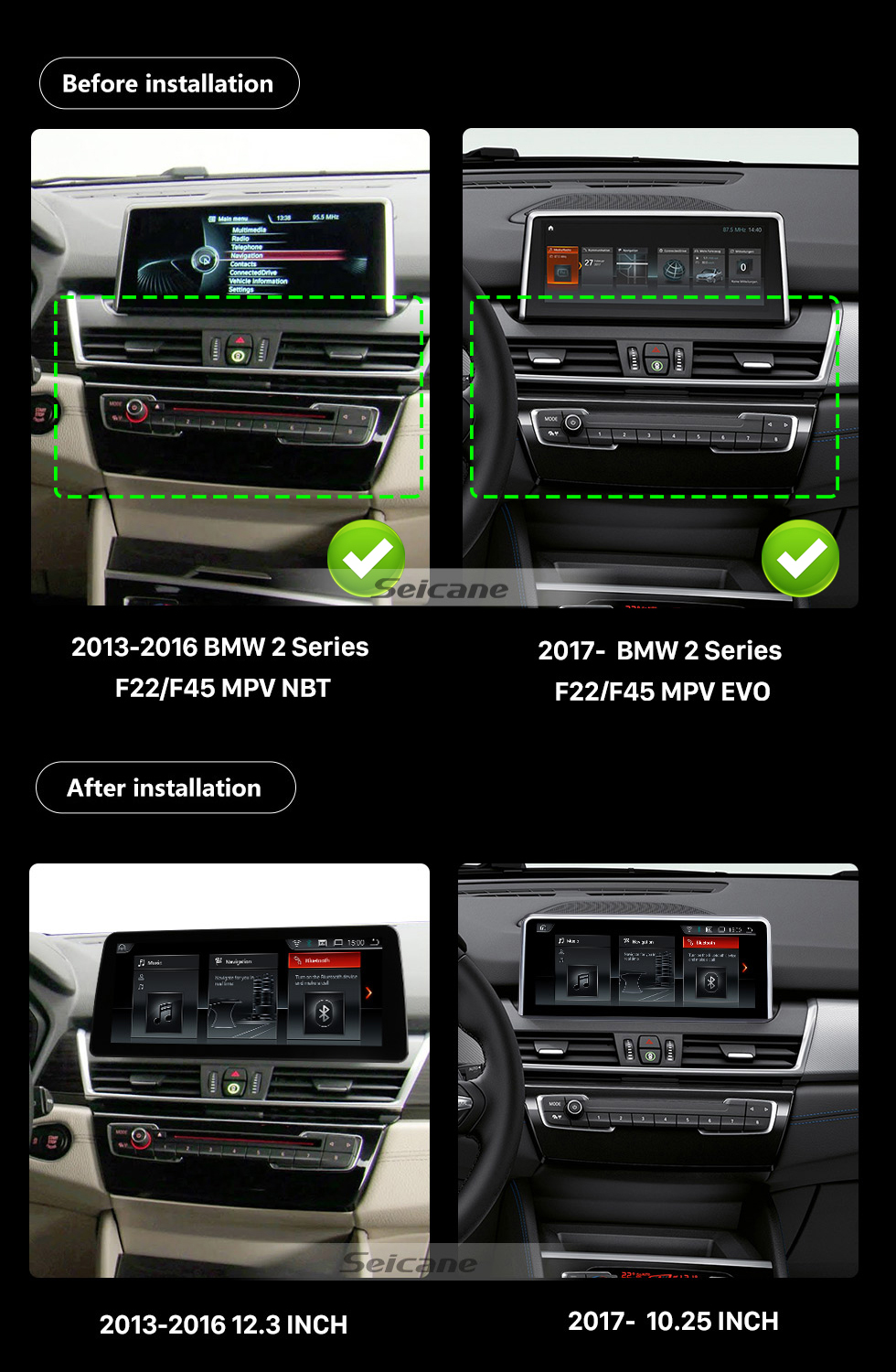 Seicane OEM 12,3 pouces Android 11.0 pour 2013-2016 2017-2019 BMW Série 2 F22/F45 MPV NBT Radio Bluetooth HD Écran tactile Système de navigation GPS compatible Carplay DAB+