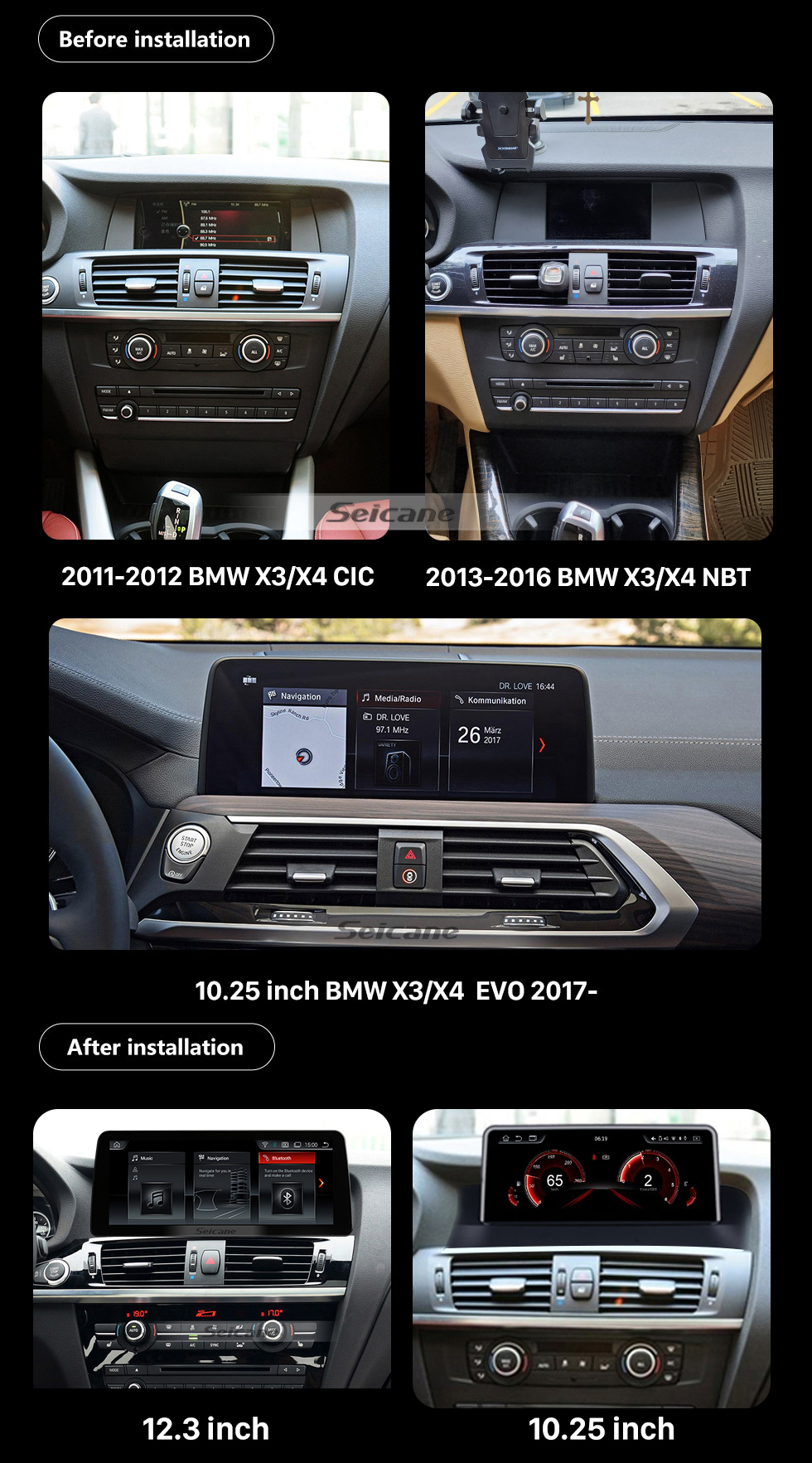 Seicane HD-Touchscreen 12,3 Zoll für 2011–2019 2020 2021 2022 BMW X3 X4 F25 F26 Radio Android 11.0 GPS-Navigationssystem mit Bluetooth-Unterstützung Carplay TPMS