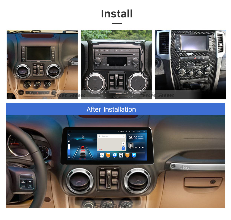 Seicane Android 10.0 Carplay 12,3 polegadas 1920*720 Full Fit Screen para 2005 2006 2007-2011 Jeep Grand Cherokee Wrangler Compass Commander GPS Navigation Radio com bluetooth