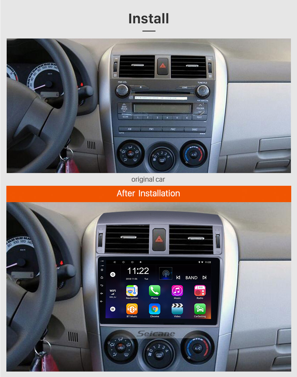 Seicane 9 inch 2007 2008 2009 2010 Toyota OLD Corolla Android 8.1 Bluetooth Radio GPS Navigation Head unit Support WIFI 1080P Video Backup Camera Audio system DVR OBD2 Seicane 9 inch 2007 2008 2009 2010 Toyota OLD Corolla Android 8.1 Bluetooth Radio GPS Navigation Head unit Support WIFI 1080P Video Backup Camera Audio system DVR OBD2