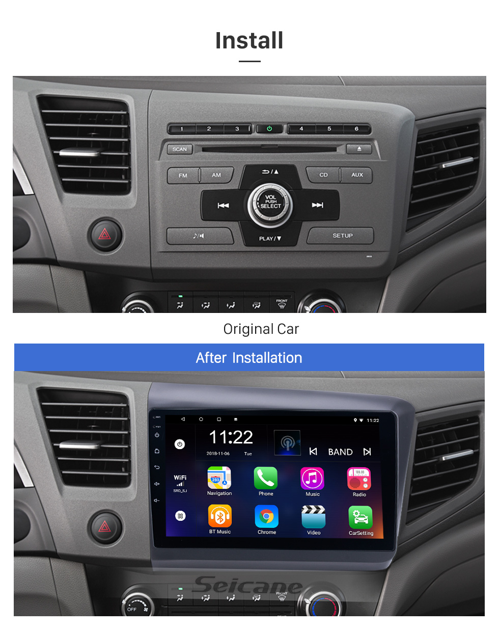 Seicane 10,1 polegadas Android 8.1 Rádio GPS Car Audio System para 2012 Honda Civic LHD com Bluetooth Música 3G WiFi LinkMirror OBD2 HD 1024 * 600 Multi-touch Tela Capacitiva Seicane 10,1 polegadas Android 8.1 Rádio GPS Car Audio System para 2012 Honda Civic LHD com Bluetooth Música 3G WiFi LinkMirror OBD2 HD 1024 * 600 Multi-touch Tela Capacitiva