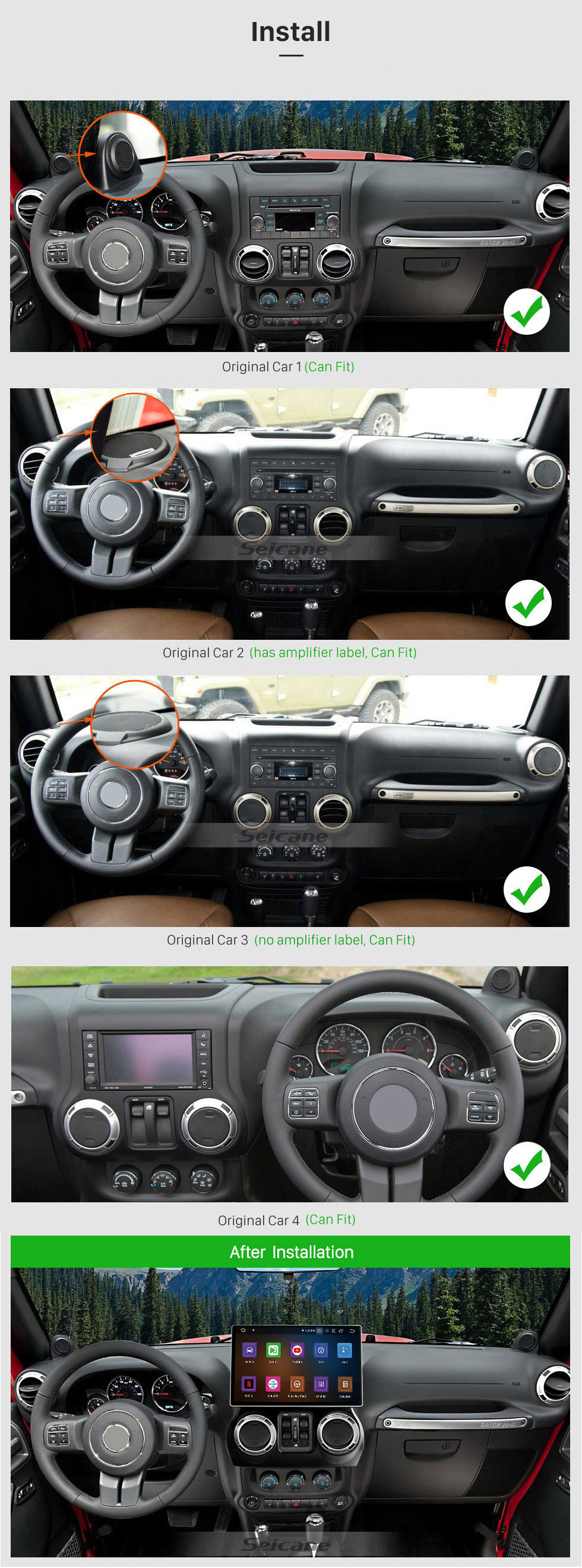 Seicane 13 Polegada Carplay 2K Android 12.0 para JEEP Wrangler 2011 2012 2013 2014 2015 2016 2017 Bluetooth GPS Rádio Som do carro com controle de volante