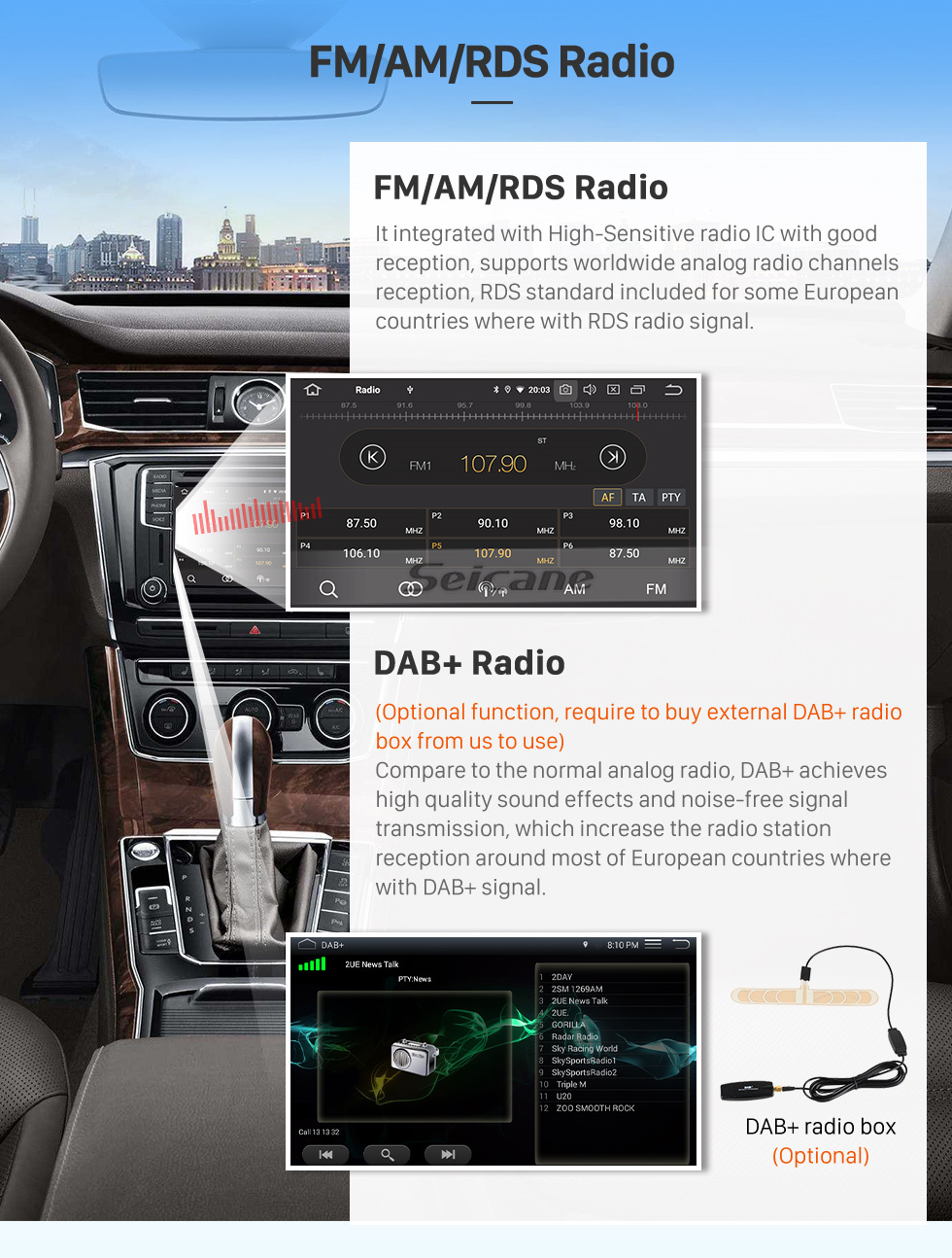 Seicane Pantalla táctil completa de 13 pulgadas Radio de coche universal Android 12.0 Sistema de navegación GPS con cámara de visión trasera WiFi Bluetooth Mirror Link Control del volante