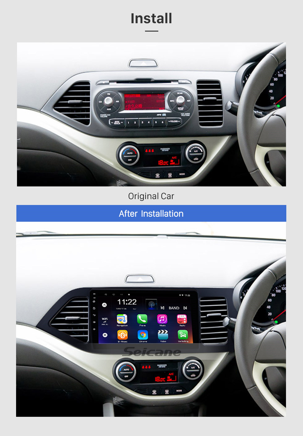 Seicane Android 8.1 Multimedia player for 2011-2014 KIA Picanto Morning RHD 9 inch HD Touchscreen Radio WIFI OBD2 Bluetooth GPS Navigation system Mirror link DVR Backup camera TV USB HD 1080P Video Steering Wheel control Seicane Android 8.1 Multimedia player for 2011-2014 KIA Picanto Morning RHD 9 inch HD Touchscreen Radio WIFI OBD2 Bluetooth GPS Navigation system Mirror link DVR Backup camera TV USB HD 1080P Video Steering Wheel control