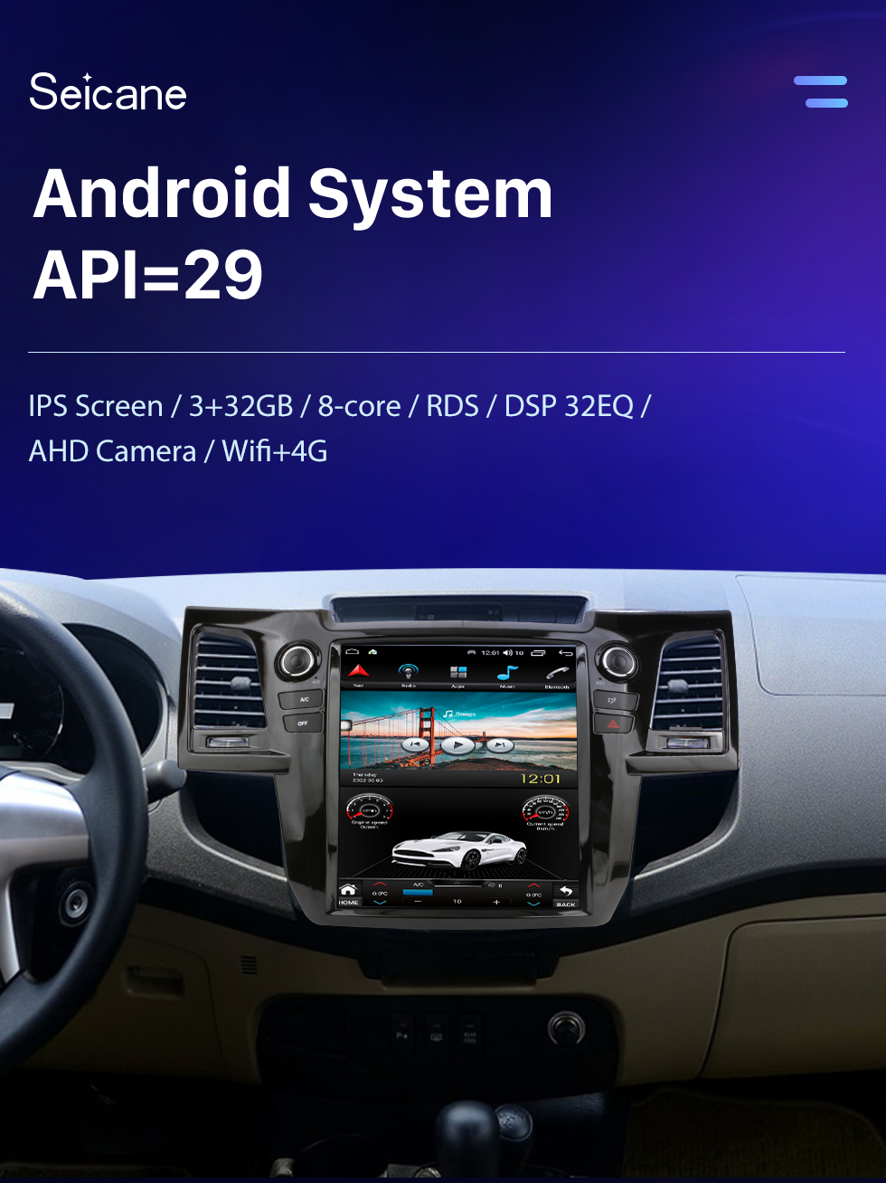 Seicane Carplay OEM 12,1 pouces Android 10.0 pour 2004 2005 2006-2015 TOYOTA Fortuner Radio Système de navigation GPS automatique Android avec écran tactile HD Prise en charge Bluetooth OBD2 DVR