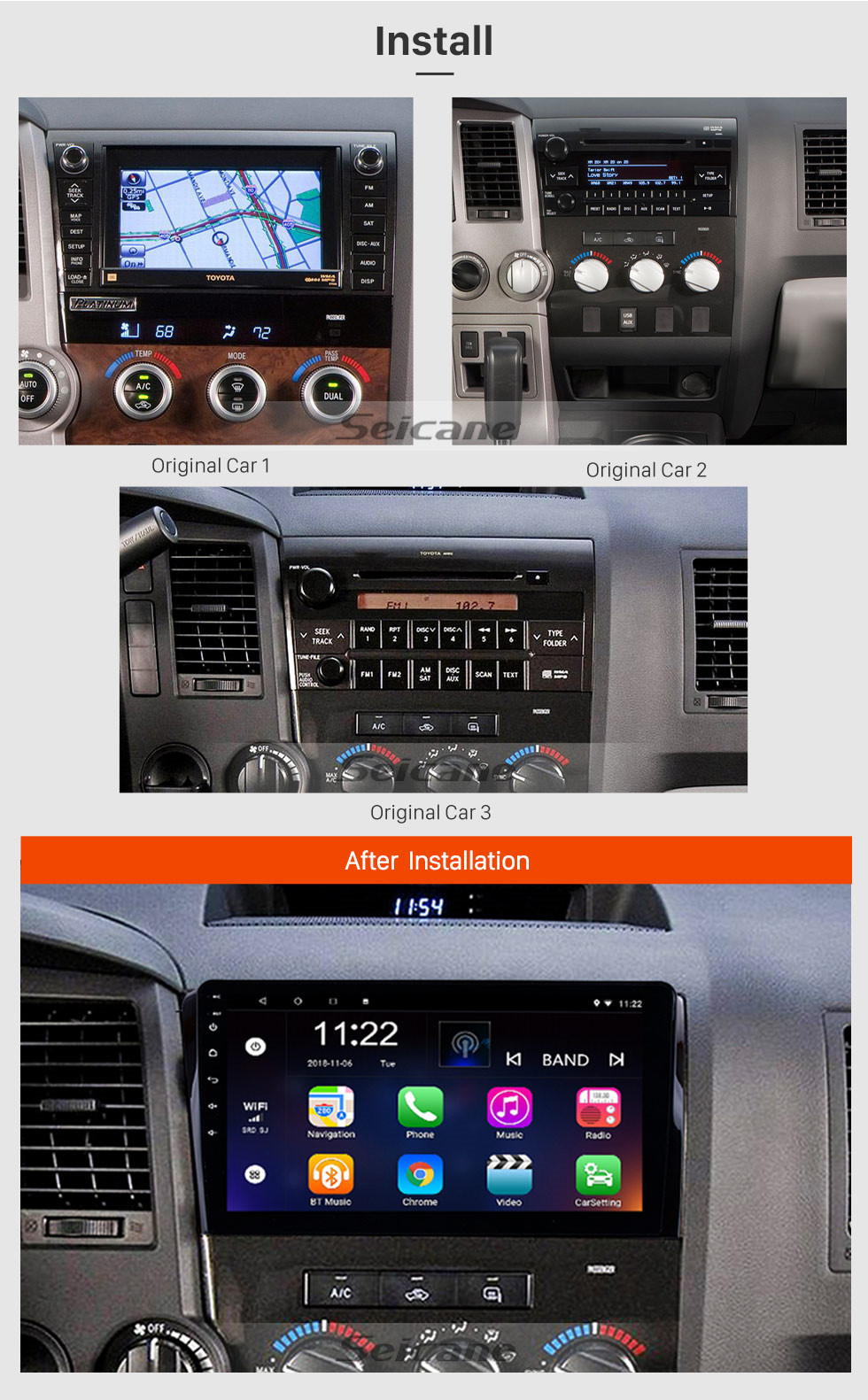 Seicane 10.1 inch HD touchscreen Radio GPS Navigation System Android 8.1 for 2008-2015 TOYOTA Sequoia 2006-2013 Tundra Support Radio Carplay Bluetooth OBD II DVR 3G WIFI Rear view camera Seicane 10.1 inch HD touchscreen Radio GPS Navigation System Android 8.1 for 2008-2015 TOYOTA Sequoia 2006-2013 Tundra Support Radio Carplay Bluetooth OBD II DVR 3G WIFI Rear view camera