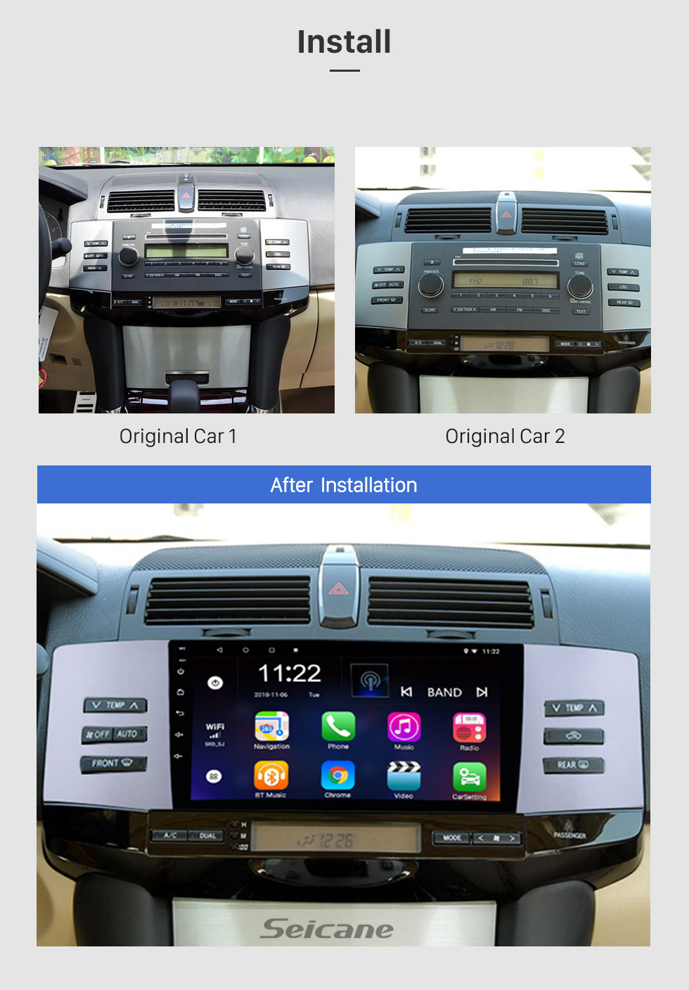 Seicane 9 Inch Android 8.1 2005-2009 Toyota Old REIZ HD Touchscreen GPS Navigation System Head Unit Support 3G WiFi Bluetooth TPMS DVR OBD II Rear View camera AUX Video Seicane 9 Inch Android 8.1 2005-2009 Toyota Old REIZ HD Touchscreen GPS Navigation System Head Unit Support 3G WiFi Bluetooth TPMS DVR OBD II Rear View camera AUX Video