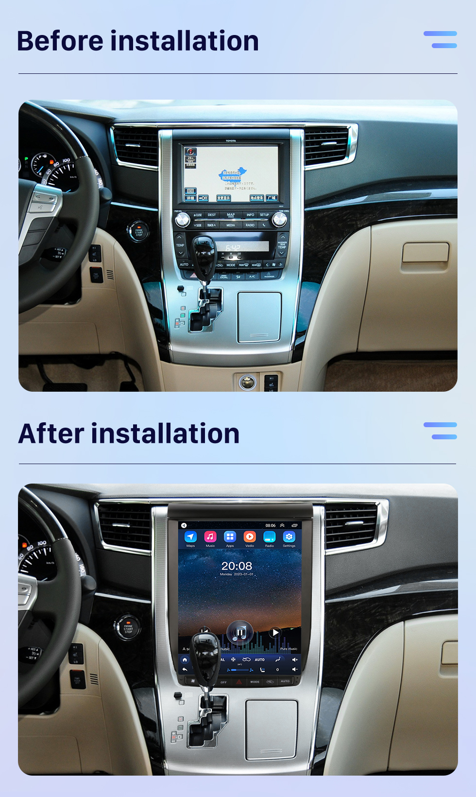 Seicane Carplay OEM 12,1 pouces Android 10.0 pour 2008 2009 2010 2011-2016 TOYOTA Alphard A20 Radio Système de navigation GPS avec écran tactile HD Prise en charge Bluetooth OBD2 DVR TPMS Seicane Carplay OEM 12,1 pouces Android 10.0 pour 2008 2009 2010 2011-2016 TOYOTA Alphard A20 Radio Système de navigation GPS avec écran tactile HD Prise en charge Bluetooth OBD2 DVR TPMS