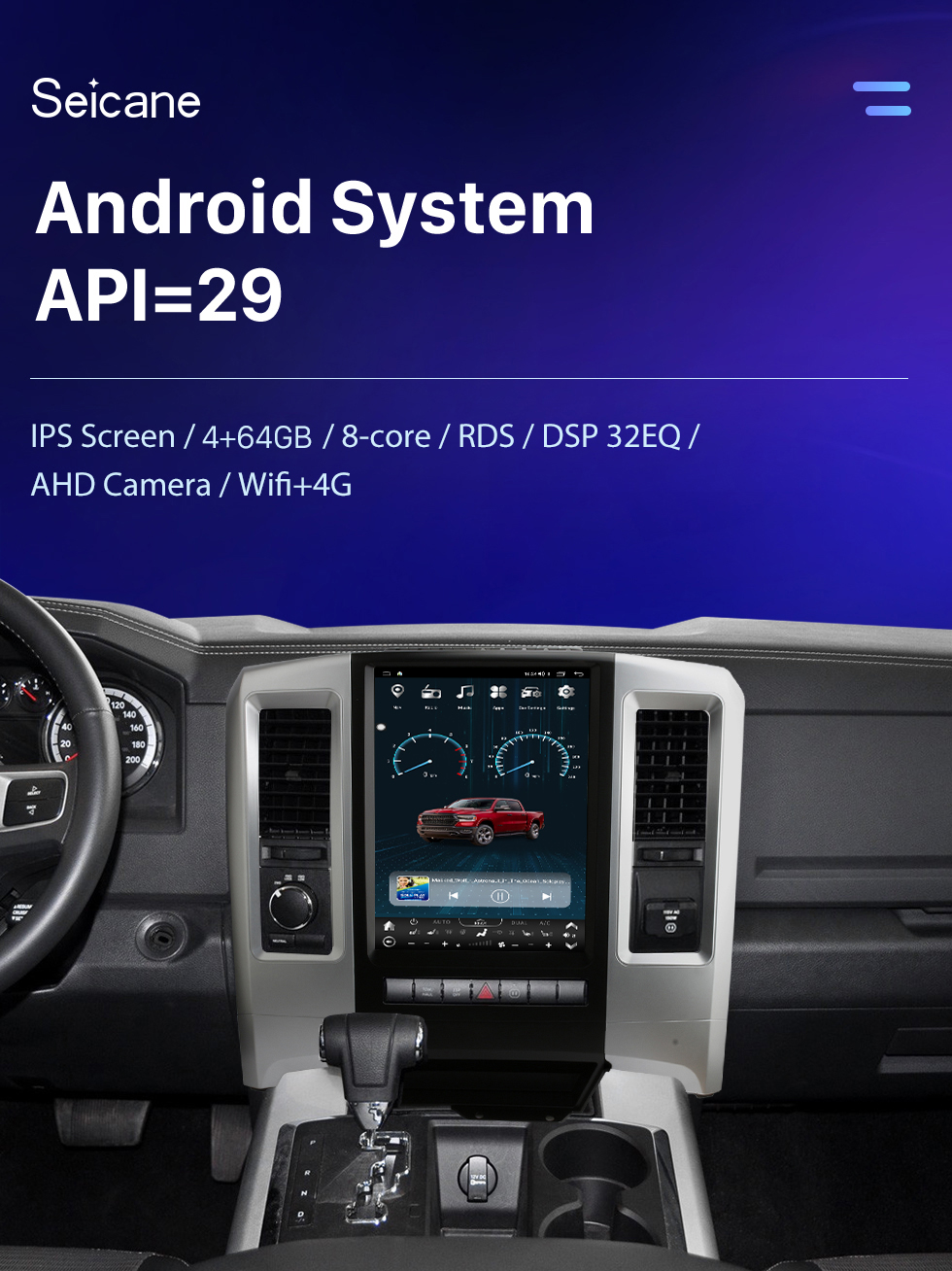 Seicane Rádio de navegação GPS com tela sensível ao toque HD Android 10.0 de 12,1 polegadas para 2009 2010 2011 2012 Dodge Ram com suporte para Bluetooth Carplay Câmera TPMS AHD