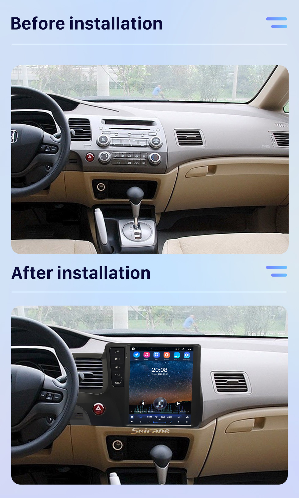 Seicane Carplay OEM 9,7 polegadas Android 10.0 para 2004 2005 2006-2009 HONDA CIVIC Rádio Android Auto Sistema de navegação GPS com tela sensível ao toque HD Suporte Bluetooth OBD2 DVR Seicane Carplay OEM 9,7 polegadas Android 10.0 para 2004 2005 2006-2009 HONDA CIVIC Rádio Android Auto Sistema de navegação GPS com tela sensível ao toque HD Suporte Bluetooth OBD2 DVR
