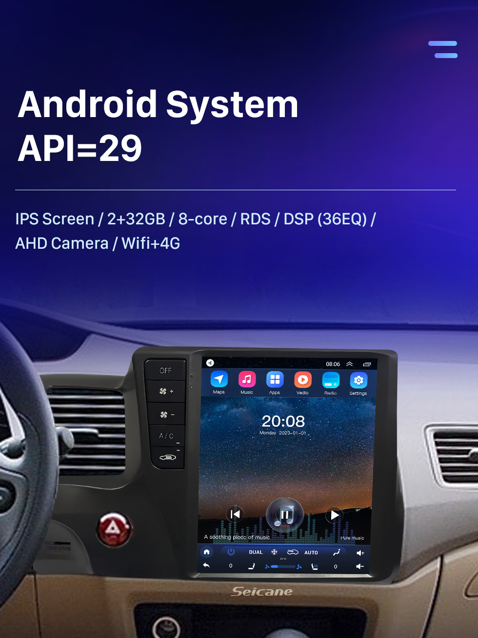 Seicane Carplay OEM 9,7 polegadas Android 10.0 para 2004 2005 2006-2009 HONDA CIVIC Rádio Android Auto Sistema de navegação GPS com tela sensível ao toque HD Suporte Bluetooth OBD2 DVR Seicane Carplay OEM 9,7 polegadas Android 10.0 para 2004 2005 2006-2009 HONDA CIVIC Rádio Android Auto Sistema de navegação GPS com tela sensível ao toque HD Suporte Bluetooth OBD2 DVR