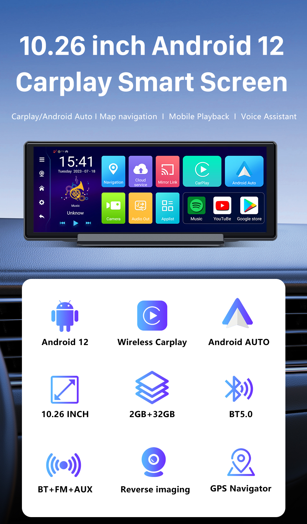 Seicane 10.26 inch Android 12.0 Carplay Smart Screen GPS navigation system with Bluetooth TouchScreen support Rearview Camera