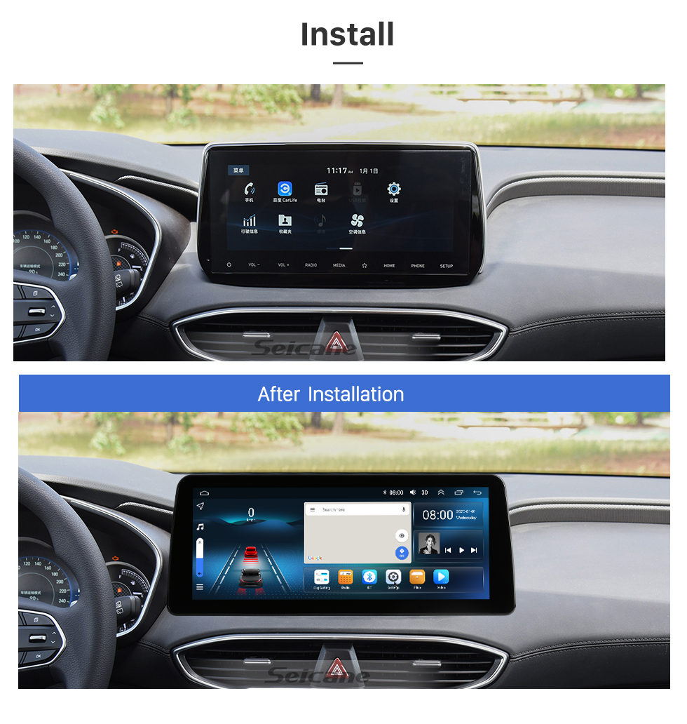 Seicane Android 12.0 Carplay 12.3 inch Full Fit Screen for 2019 2020 HYUNDAI SantaFe GPS Navigation Radio with bluetooth