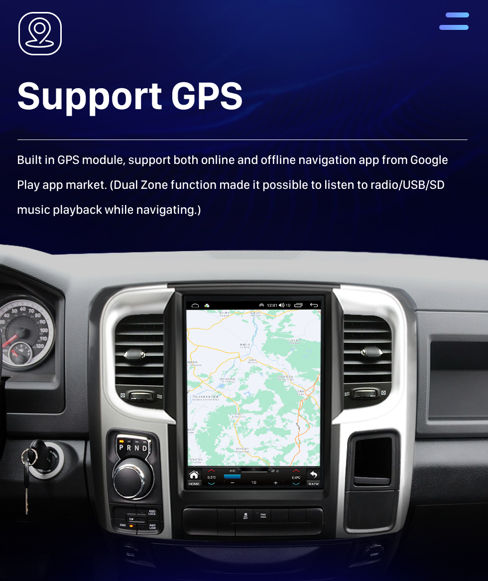 Seicane Radio de navigation GPS à écran tactile HD Android 10.0 de 12,1 pouces pour 2013 2014 2015-2018 Dodge Ram avec prise en charge Bluetooth Carplay Caméra TPMS AHD