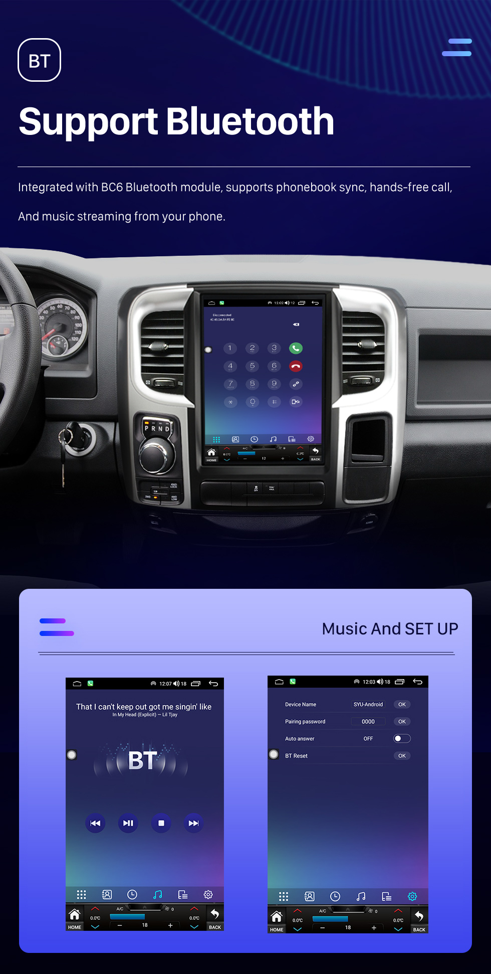 Seicane Radio de navigation GPS à écran tactile HD Android 10.0 de 12,1 pouces pour 2013 2014 2015-2018 Dodge Ram avec prise en charge Bluetooth Carplay Caméra TPMS AHD