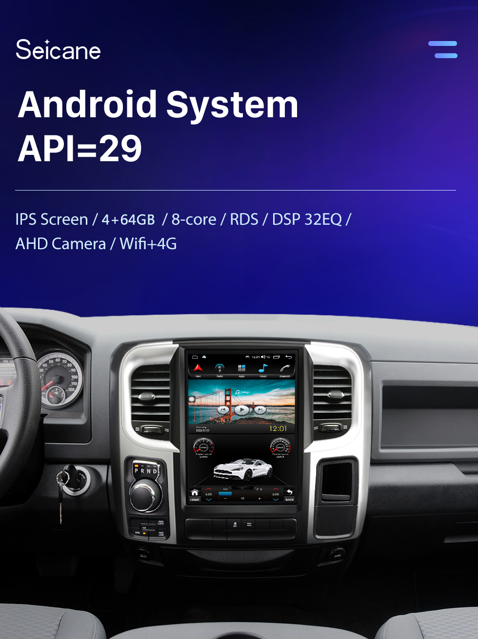 Seicane Radio de navigation GPS à écran tactile HD Android 10.0 de 12,1 pouces pour 2013 2014 2015-2018 Dodge Ram avec prise en charge Bluetooth Carplay Caméra TPMS AHD