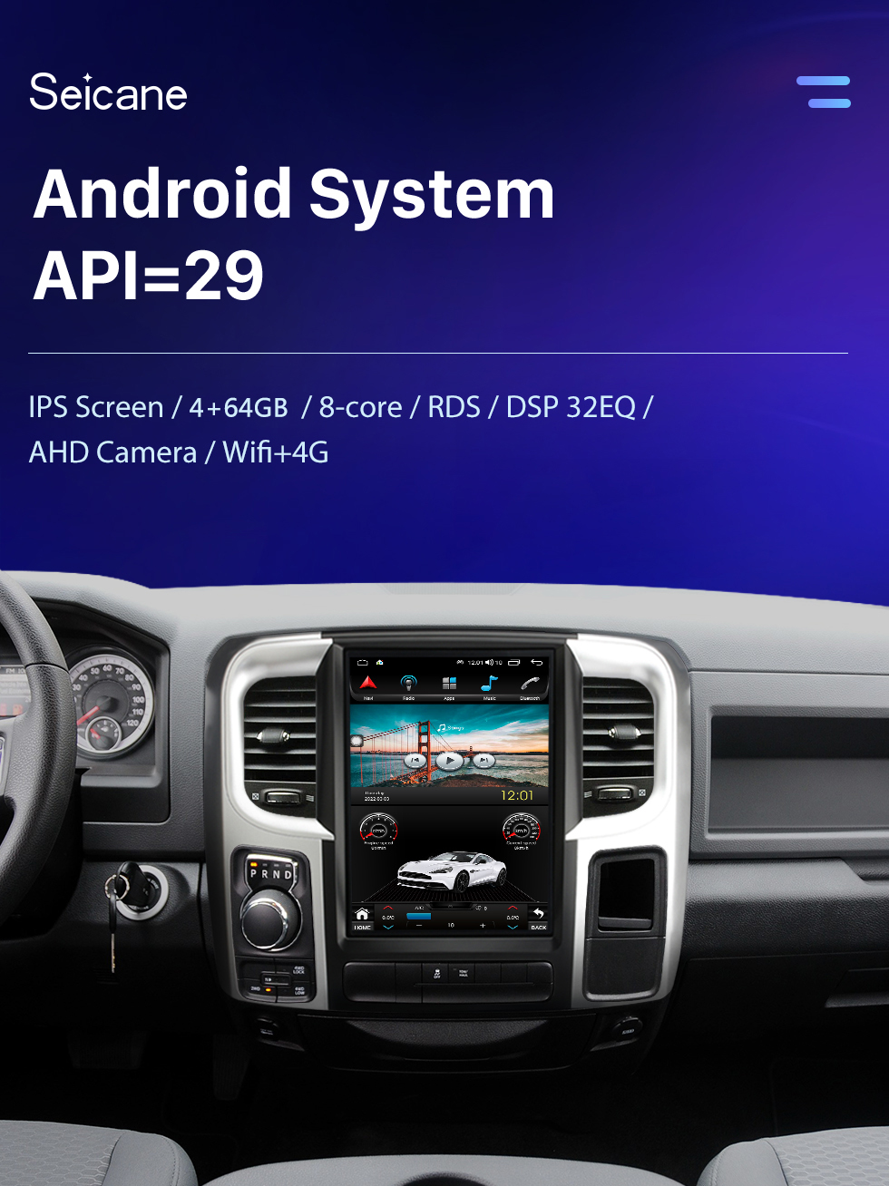 Seicane Radio de navegación GPS con pantalla táctil Android 10.0 HD de 12.1 pulgadas para Dodge Ram 2013 2014 2015-2018 con soporte Bluetooth Carplay Cámara TPMS AHD