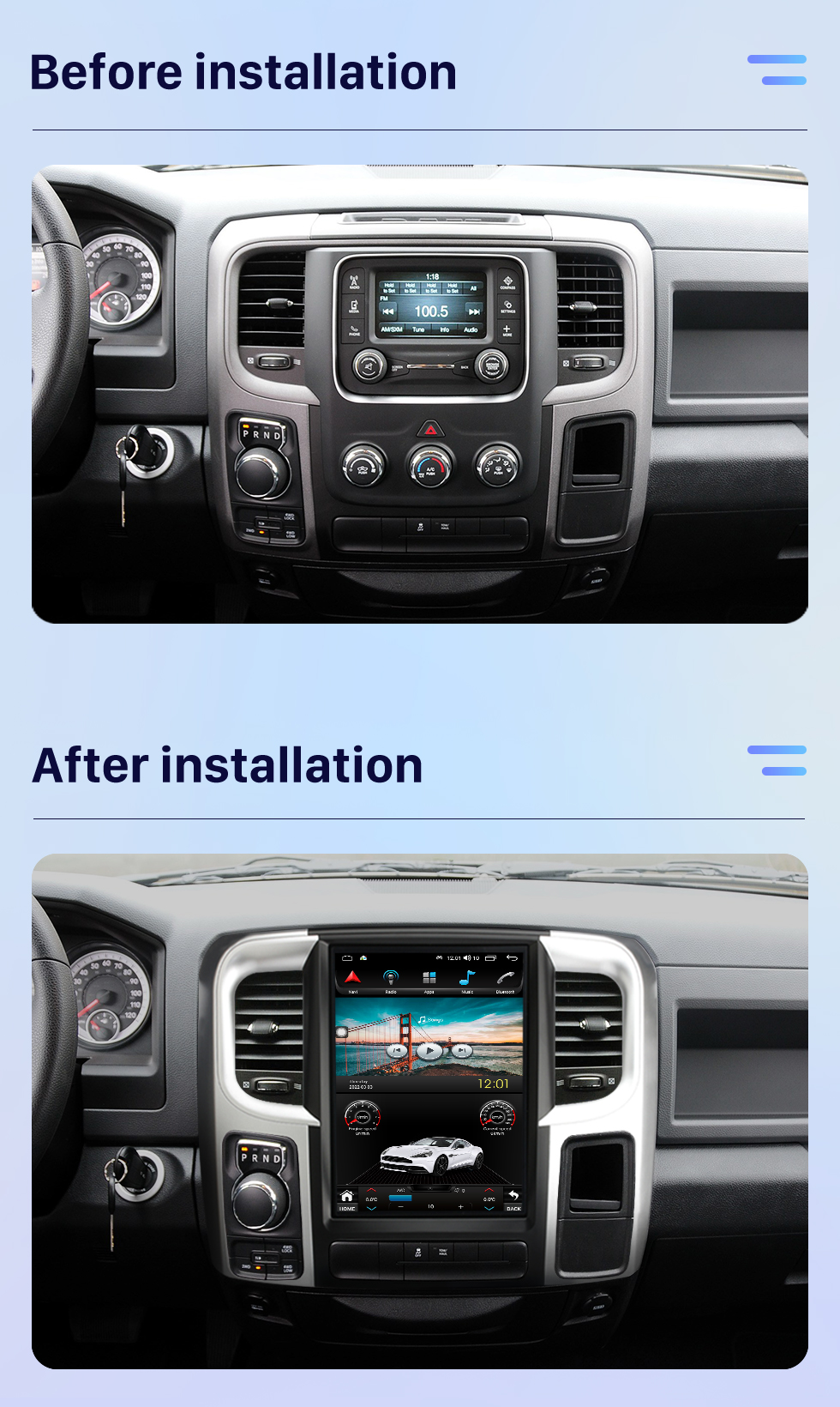 Seicane Radio de navigation GPS à écran tactile HD Android 10.0 de 12,1 pouces pour 2013 2014 2015-2018 Dodge Ram avec prise en charge Bluetooth Carplay Caméra TPMS AHD