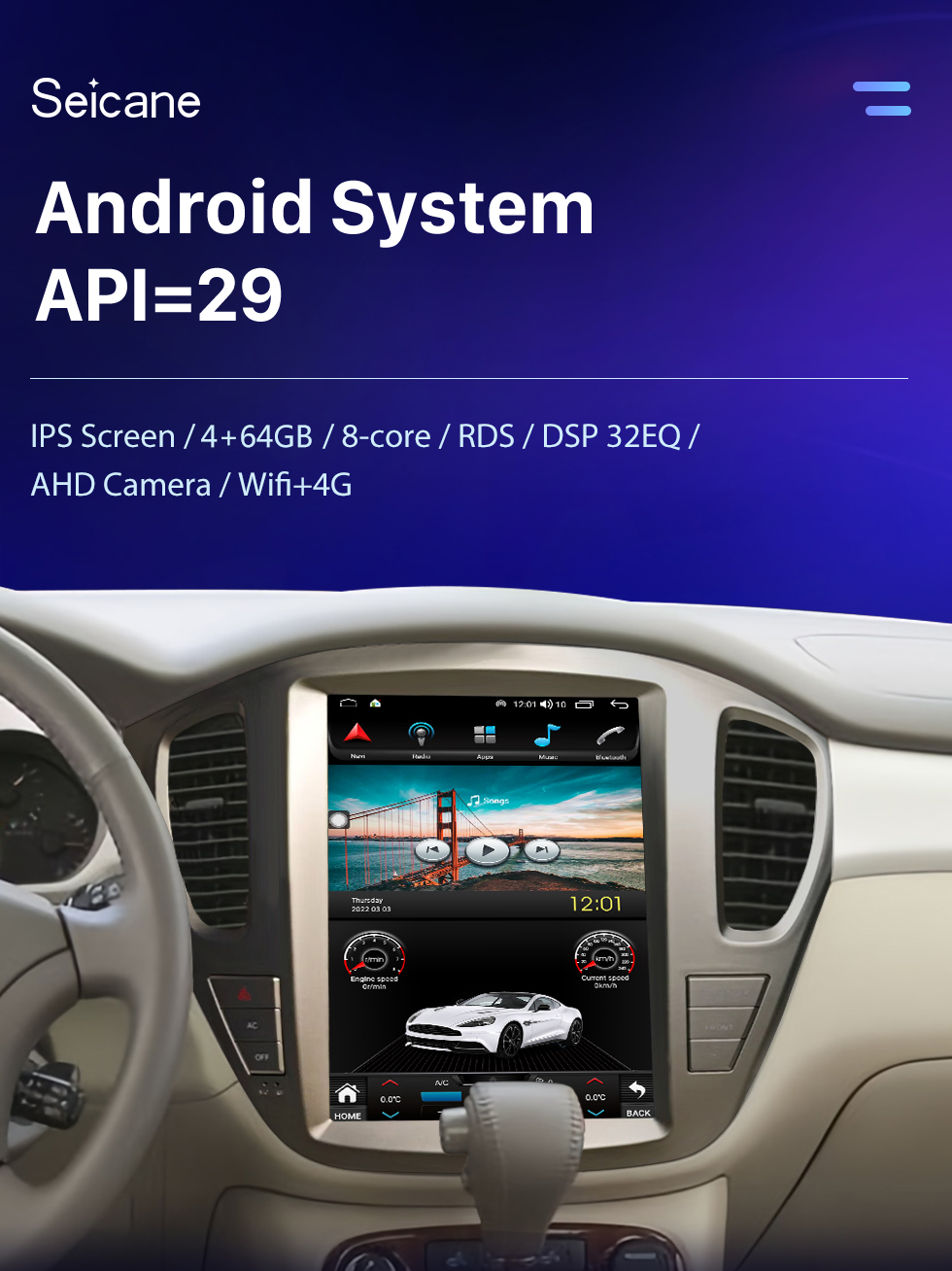 Seicane Carplay Radio 12.1 inch for 2001 2002-2007 TOYOTA Highlander Android 10.0 HD Touchscreen Android Auto GPS Navigation support WIFI Rearview Camera