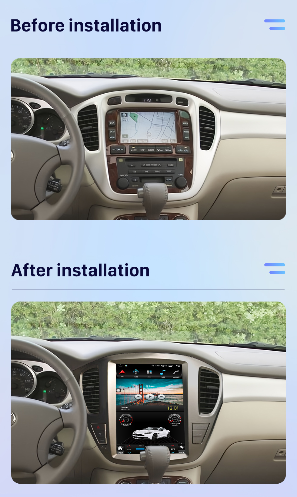Seicane Carplay Radio 12.1 inch for 2001 2002-2007 TOYOTA Highlander Android 10.0 HD Touchscreen Android Auto GPS Navigation support WIFI Rearview Camera