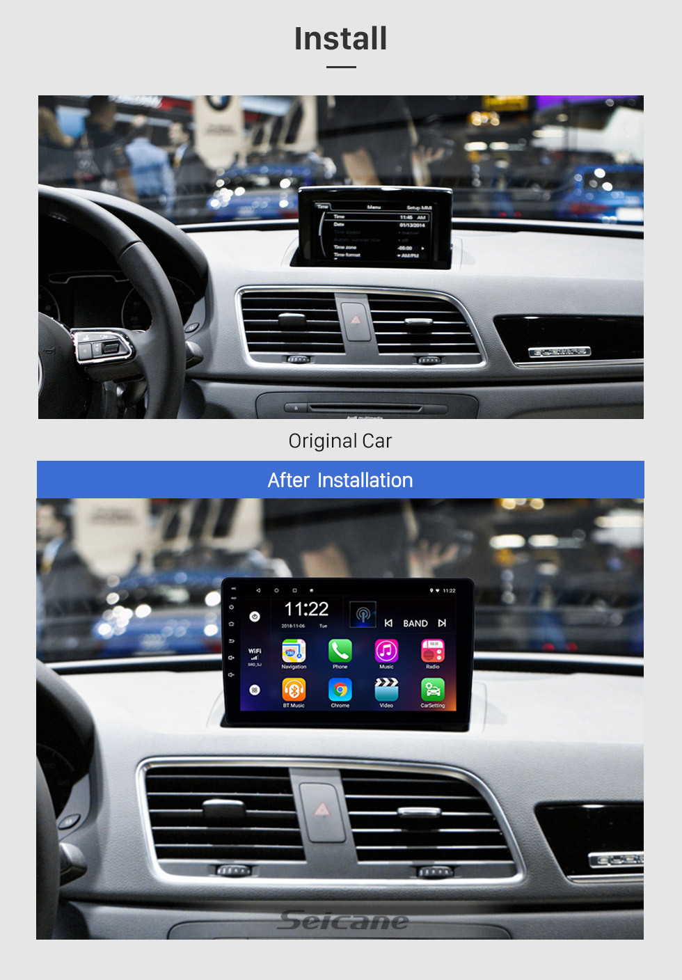 Seicane 2013-2017 AUDI Q3 Android 8.1 9 inch HD Touchscreen Bluetooth GPS Navigation system auto Radio support 3G WIFI Rearview Camera DAB+ DVR Digital TV Steering Wheel Control OBD2 Seicane 2013-2017 AUDI Q3 Android 8.1 9 inch HD Touchscreen Bluetooth GPS Navigation system auto Radio support 3G WIFI Rearview Camera DAB+ DVR Digital TV Steering Wheel Control OBD2