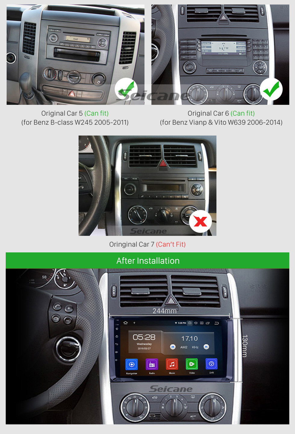 Seicane 2004-2012 Mercedes Benz B Clase W245 B150 B160 B170 B180 B200 B55 B55 Android 9.0 Radio 9 pulgadas 1024 * 600 Pantalla táctil Bluetooth música Sistema de navegación multimedia WiFi Mirror Link 1080P Video