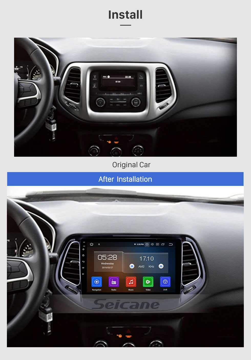 Seicane Android 9.0 GPS-Navigation für 2017 Jeep Compass 10,1 Zoll HD Touchscreen Multimedia Radio Bluetooth MP5 Musik Spiegel Link WIFI USB Unterstützung 4G Carplay SWC OBD2 Rückansicht Seicane Android 9.0 GPS-Navigation für 2017 Jeep Compass 10,1 Zoll HD Touchscreen Multimedia Radio Bluetooth MP5 Musik Spiegel Link WIFI USB Unterstützung 4G Carplay SWC OBD2 Rückansicht