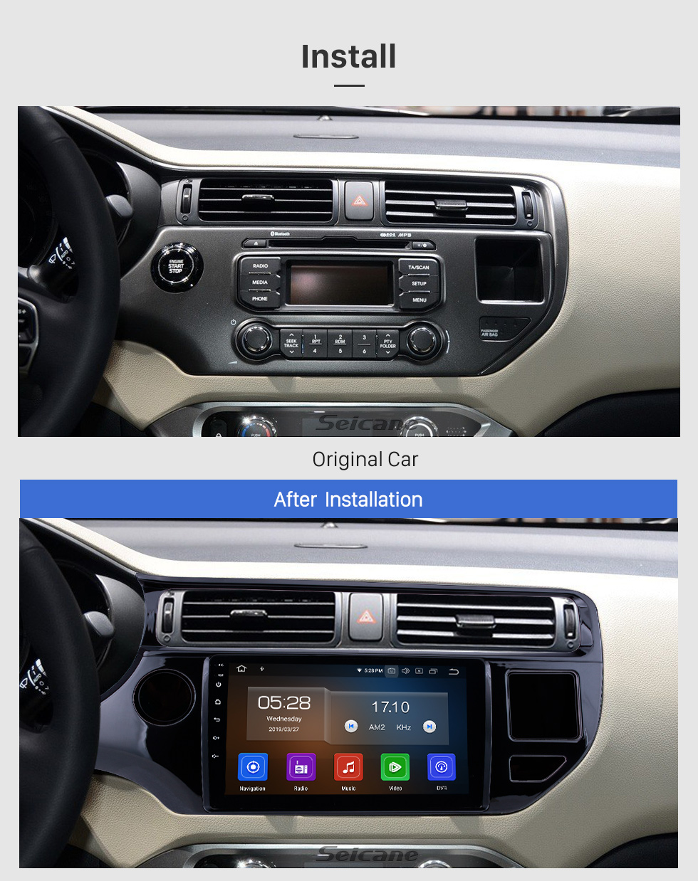 Seicane 2012-2015 Kia Rio LHD Android 9.0 9 Zoll GPS Navigationsradio Bluetooth HD Touchscreen USB Carplay Musikunterstützung TPMS DAB + 1080P Video Mirror Link Seicane 2012-2015 Kia Rio LHD Android 9.0 9 Zoll GPS Navigationsradio Bluetooth HD Touchscreen USB Carplay Musikunterstützung TPMS DAB + 1080P Video Mirror Link