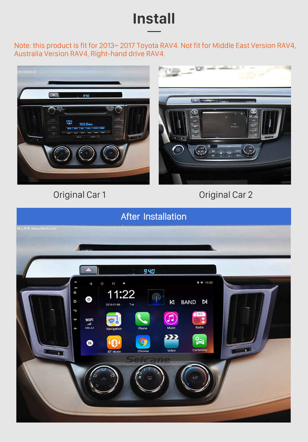 Seicane 2013-2016 Toyota RAV4 10.1 inch Android 8.1 GPS Sat Nav In Car with Touch Screen 3G WiFi AM FM Radio Bluetooth Music USB support OBD2 DVR TPMS Seicane 2013-2016 Toyota RAV4 10.1 inch Android 8.1 GPS Sat Nav In Car with Touch Screen 3G WiFi AM FM Radio Bluetooth Music USB support OBD2 DVR TPMS