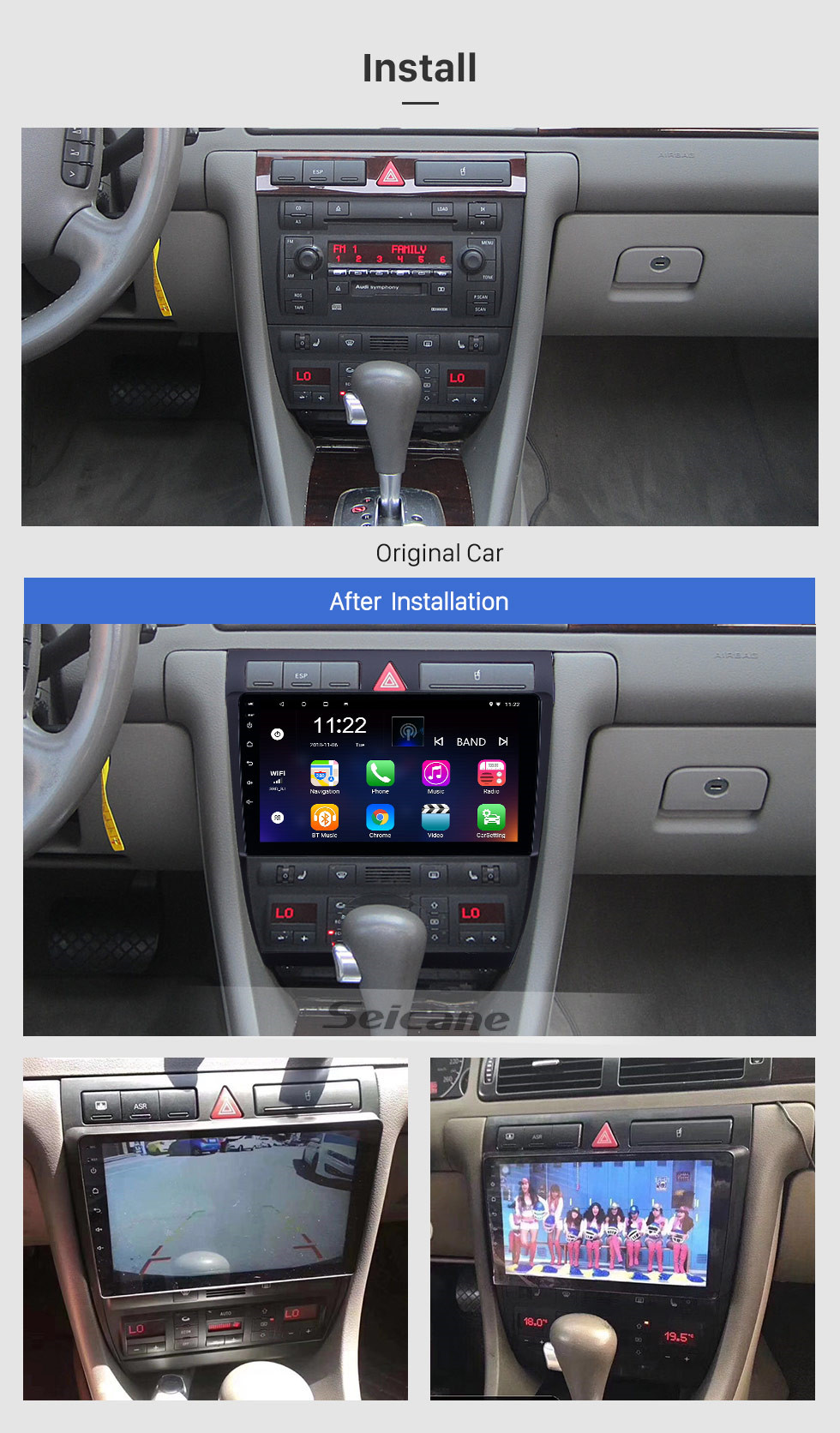 Seicane OEM 9 Zoll Android 8.1 Radio für 1997-2004 Audi A6 S6 RS6 Bluetooth WIFI HD Touchscreen GPS Navigation AUX USB Unterstützung Carplay DVR OBD Rückfahrkamera TPMS Seicane OEM 9 Zoll Android 8.1 Radio für 1997-2004 Audi A6 S6 RS6 Bluetooth WIFI HD Touchscreen GPS Navigation AUX USB Unterstützung Carplay DVR OBD Rückfahrkamera TPMS